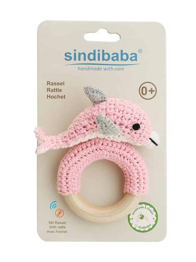 SINDIBABA-HOLZRING-RASSEL-DELPHIN-ROSA Sindibaba Bambus Häkel-Rasselring Delfin in Rosa