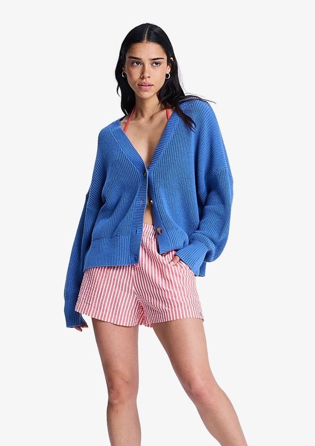 Roxy Cosmic Coast Chunky Baumwolle Cardigan Strickjacke in Brilliant Blau Roxy Cosmic Coast Chunky Baumwolle Cardigan Strickjacke in Brilliant Blau