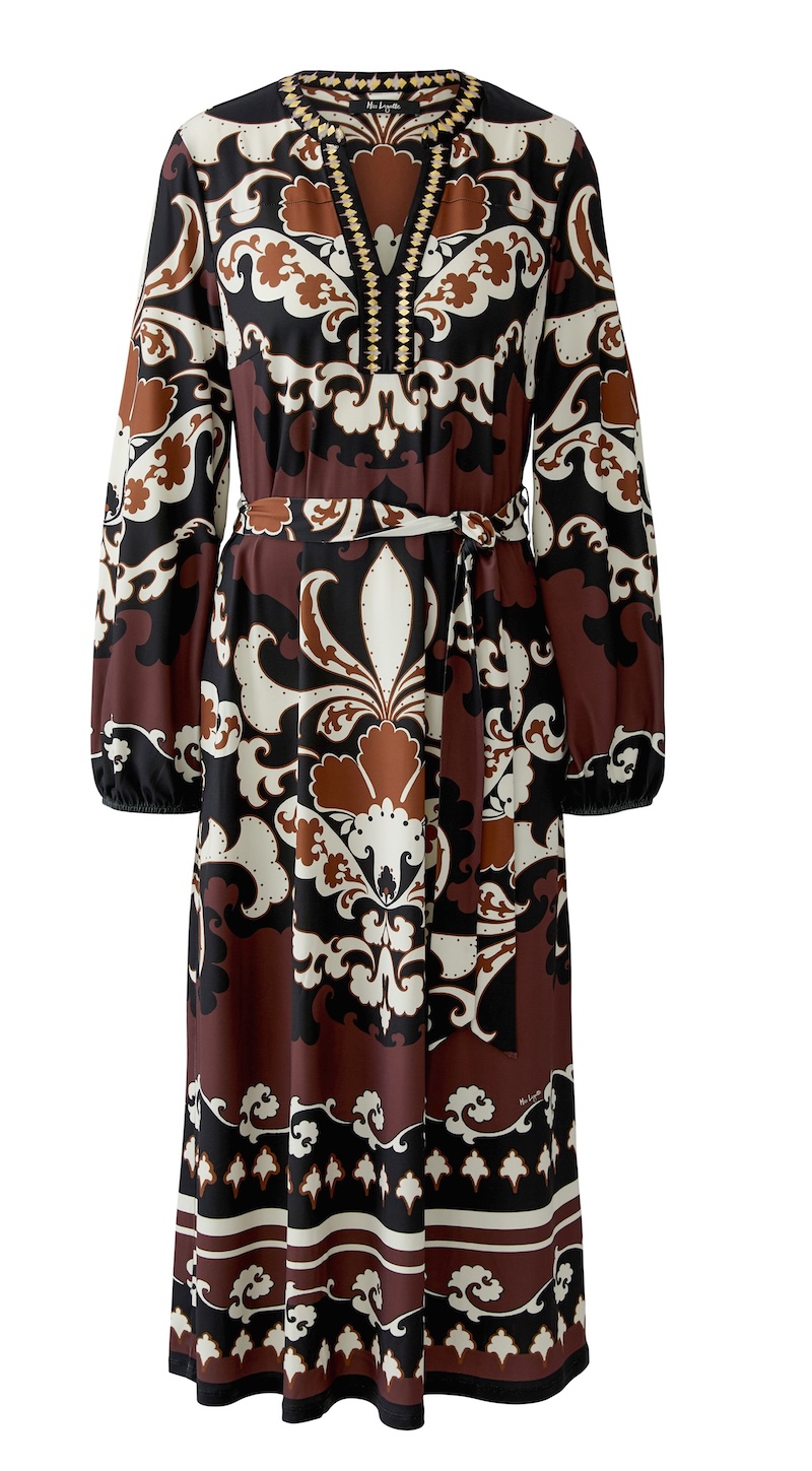 MIss Lagotte Maxikleid mit barockem Damast-Ornamentmuster in Burgunder, Creme und Schwarz