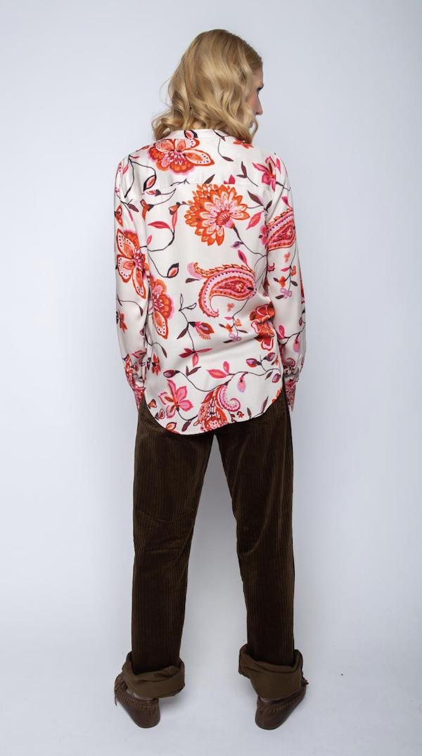 Emily van den Bergh Viskose Satin Bluse in Pink & Rot mit V-Ausschnitt und Blumen Bordüren Print - SALE