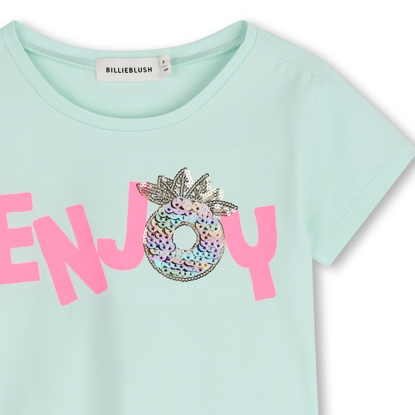 Billieblush Kurzarm T-Shirt in Aqua Blau mit Glitzer Ananas - Enjoy