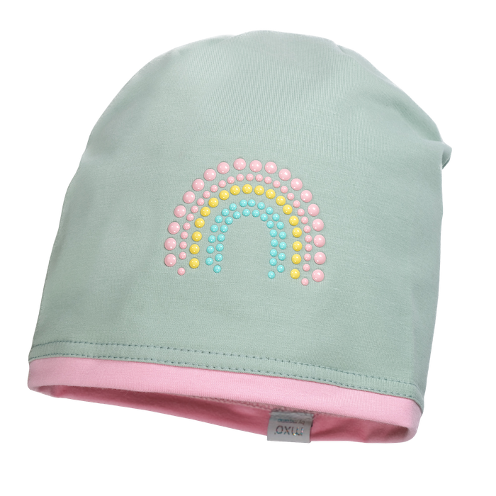 Maximo Jersey Beanie Mütze in Hellgrün mit Rosa Kontrastrand + Regenbogen