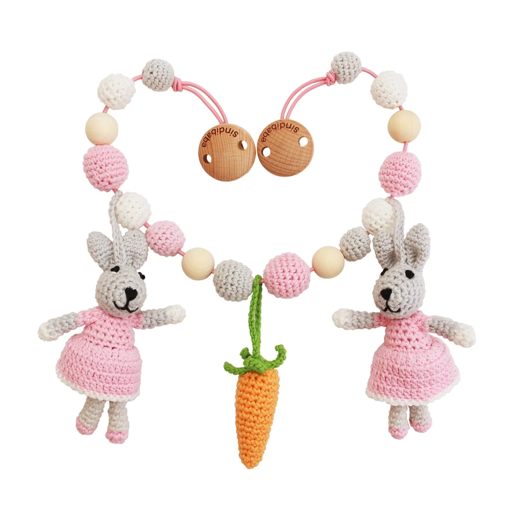 SINDIBABA-KINDERWAGENKETTE-KITTY-KATZ-ROSA Sindibaba Häkel Wagenkette Hasen Bibbi in Rosa