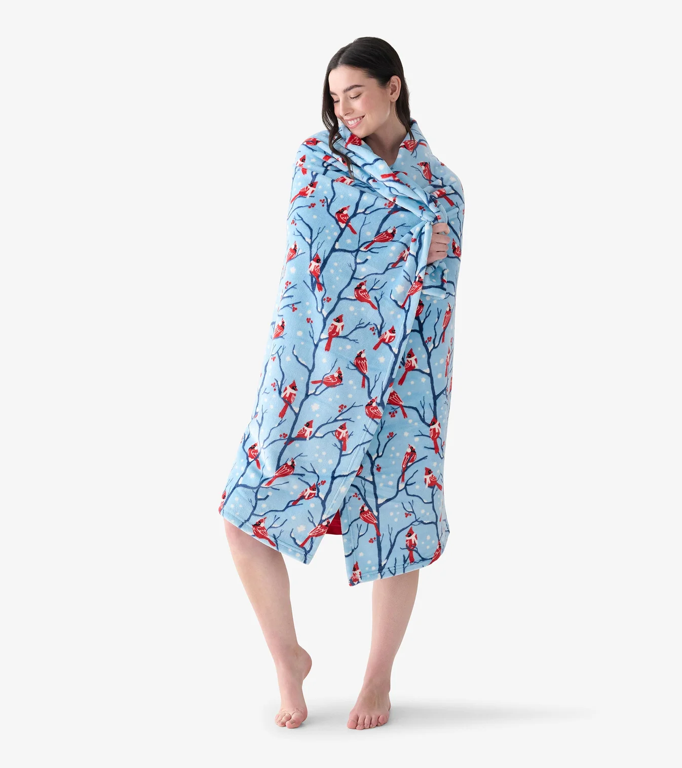 Winter Cardinals Kuscheldecke aus Fleece – Weihnachtliche Fleecedecke mit Rotkehlchen 127 x 152 cm