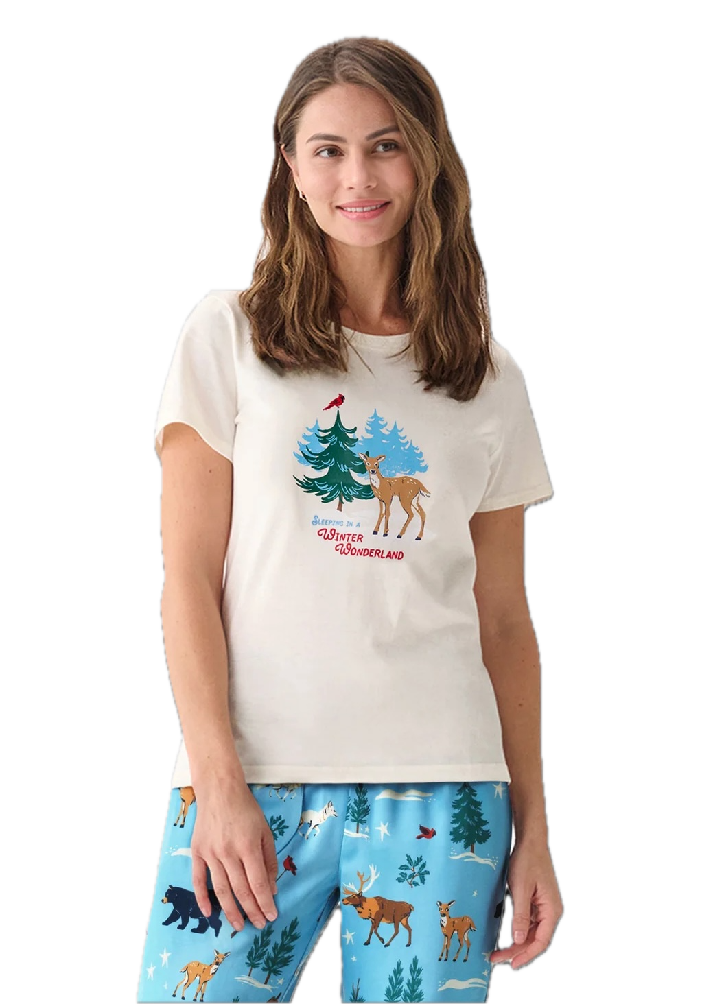 Little Blue House Women's Winter Wonderland Pyjama T-Shirt Damen – Kurzarm Schlafshirt aus 100 % Baumwolle