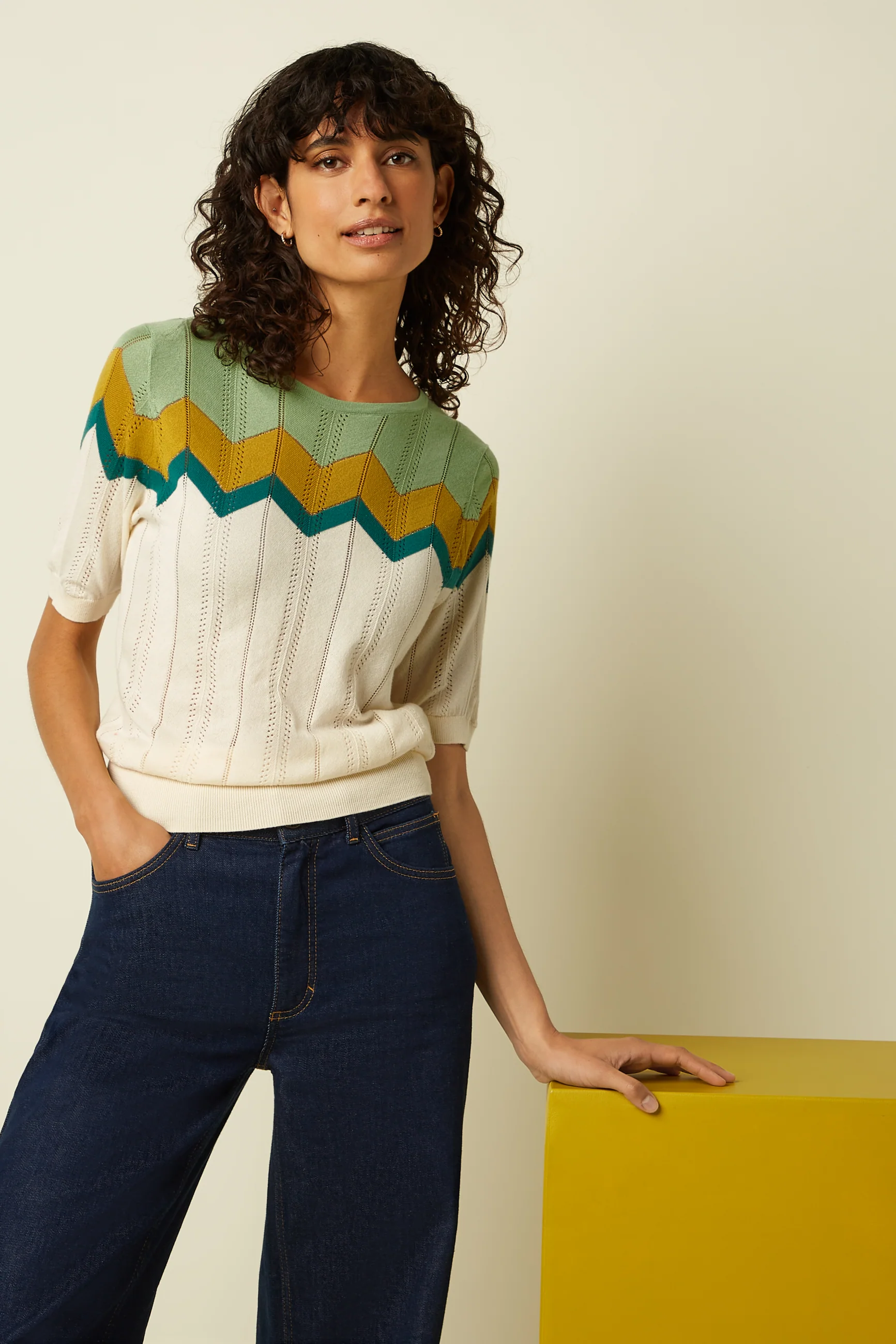 King Louie Agnes Strick Top Nova in Creme Grün Senf Chevron King Louie Agnes Strick Top Nova in Creme Grün Senf Chevron