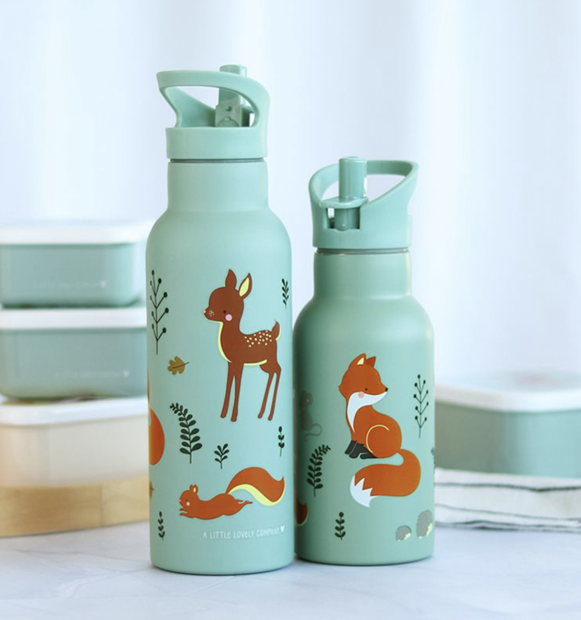 A Lovely Little Company Thermos Edelstahl Trinkflasche Groß mit Strohhalm - 500ml Waldfreunde