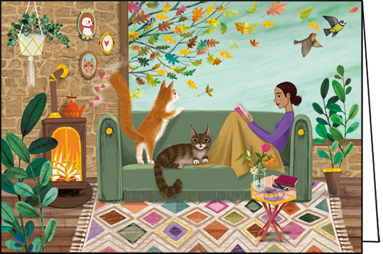 Edition Gollong Grußkarte zum Geburtstag - Frau am Sofa mit Katzen & Buch
