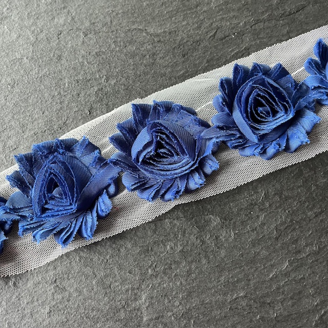 Wowzers Shabby Chic Stoffblume Blüte am Band - Navy Blau - 3 Blumen 