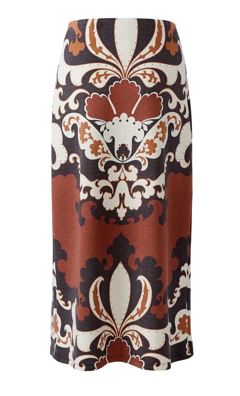 MIss Lagotte Langer Ornament-Rock Rostbraun Creme | Maxirock Damast-Muster