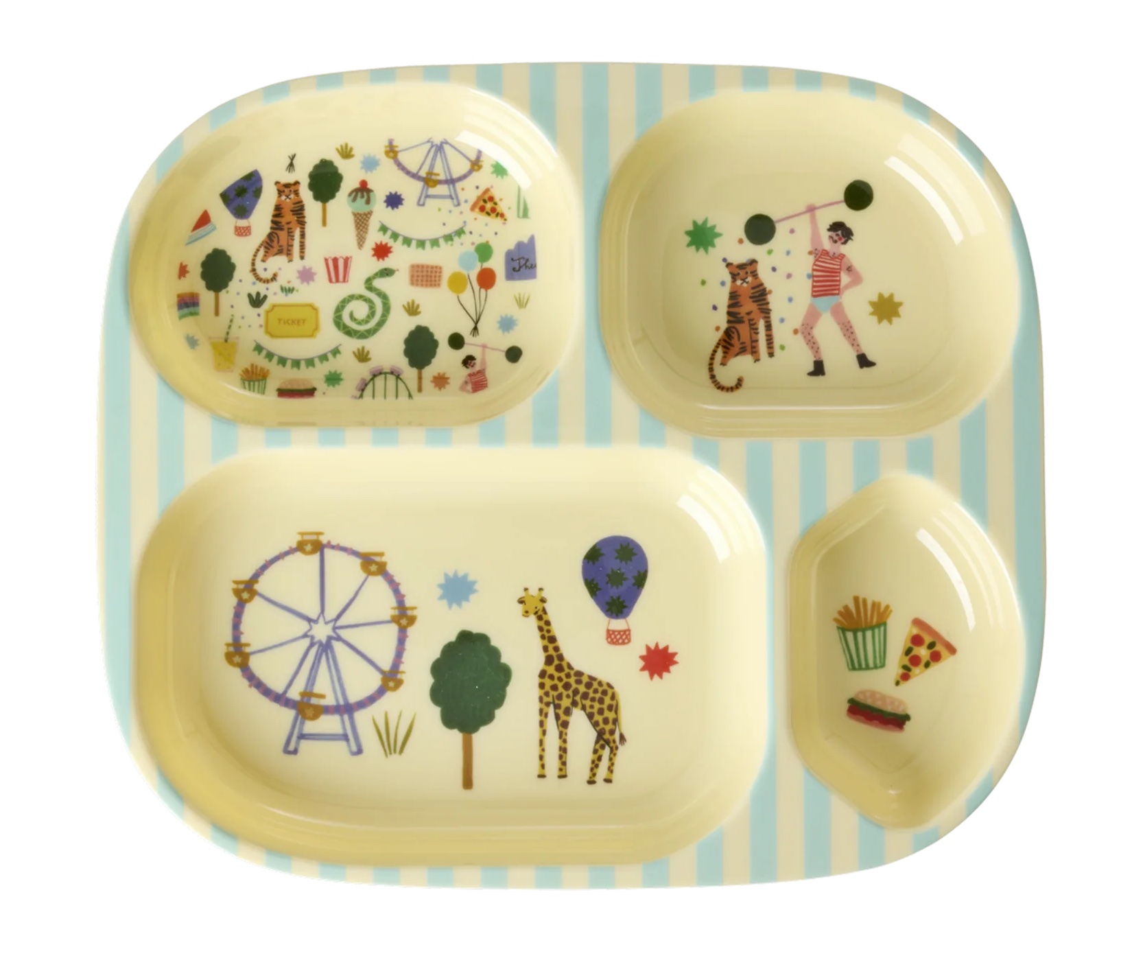 RICE Kinderteller Menüteller mit 4er Einteilung - Mint - Fun Fair Print Hellblau