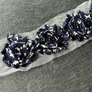 Wowzers Shabby Chic Stoffblume Blüte am Band - Sterne Dunkelblau - 3 Blumen 