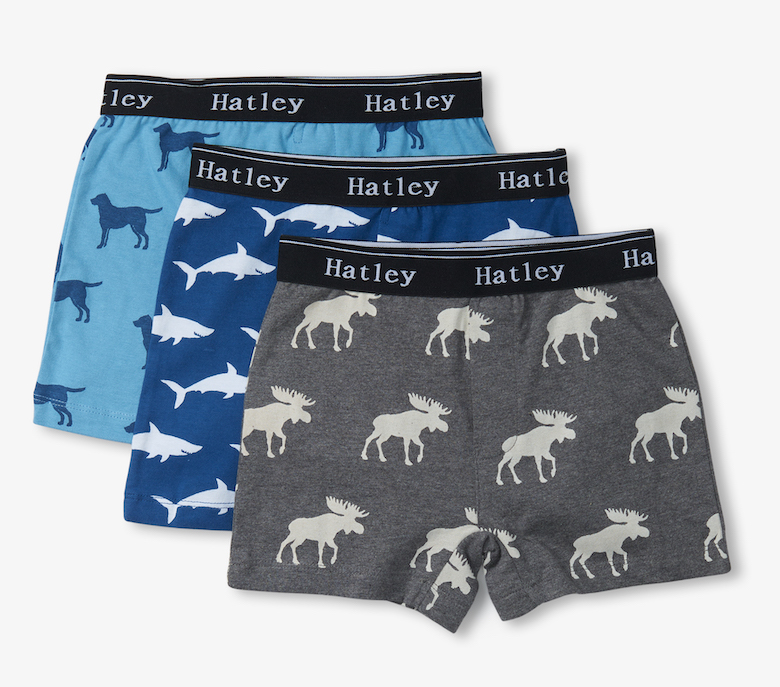 Hatley Kids Unterwäsche Boxer Brief 3er Pack - Tiere Elch, Hai & Hund