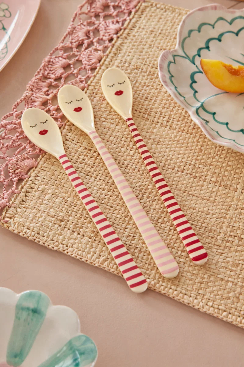 RICE Melamin Latte Löffel - Red Stripes - Wimpern & Lipstick Mund - Set von 3