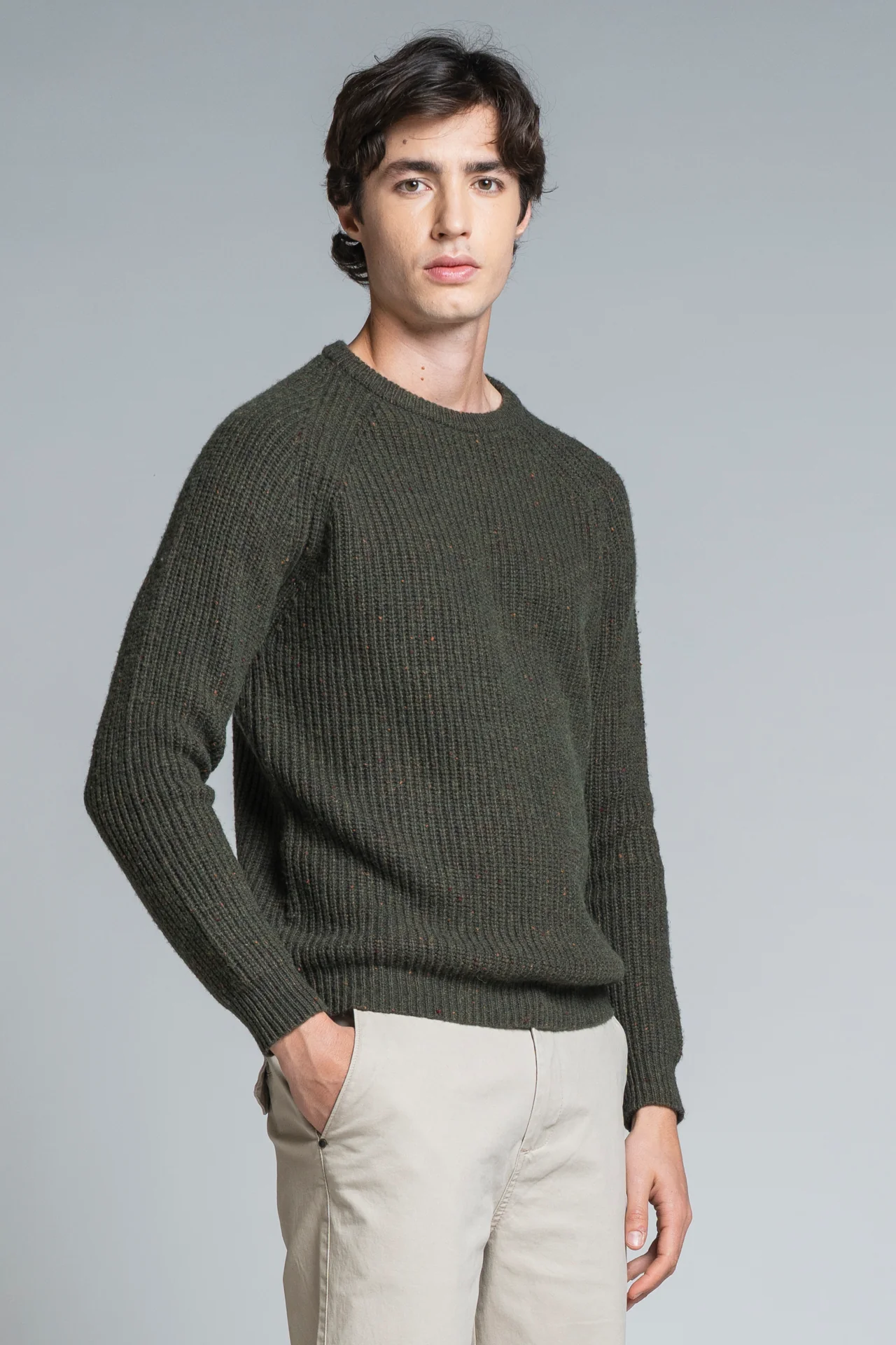 IMPURE Bruce Rundhals English Coast Strick Pullover Wollmischung Ripp in Braun Grün Meliert
