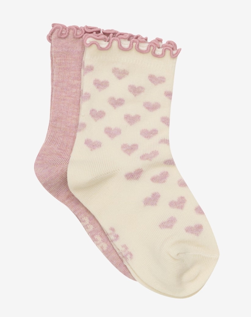 Minymo 2-er Pack Socken mit Lettuce Hem - Herzen Allover & Rosa