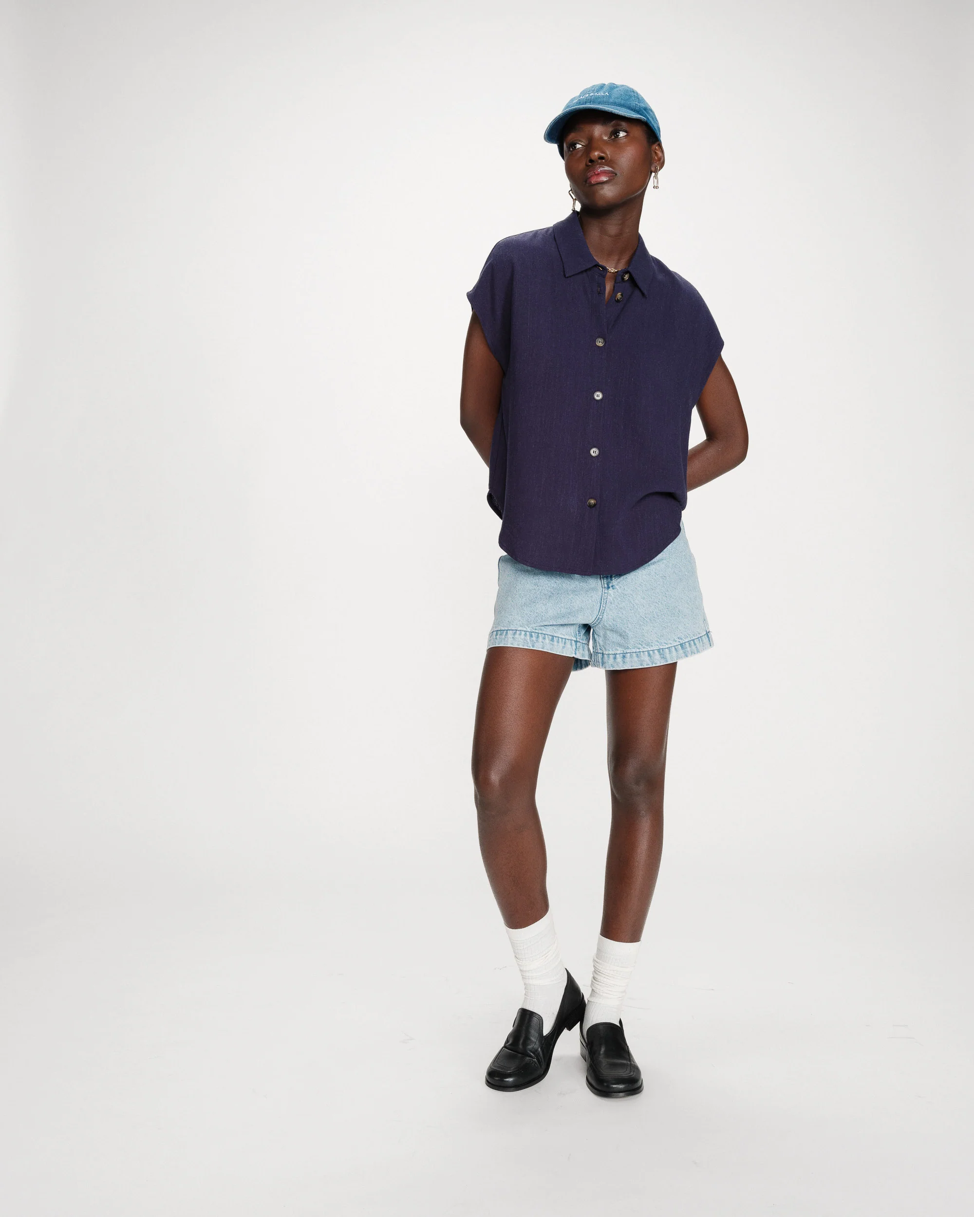 Grace & Mila PEREZ Leinen Viskose Kurzarm Bluse in Marineblau