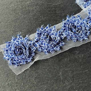 Wowzers Shabby Chic Stoffblume Blüte am Band - Lattice Blau - 3 Blumen 