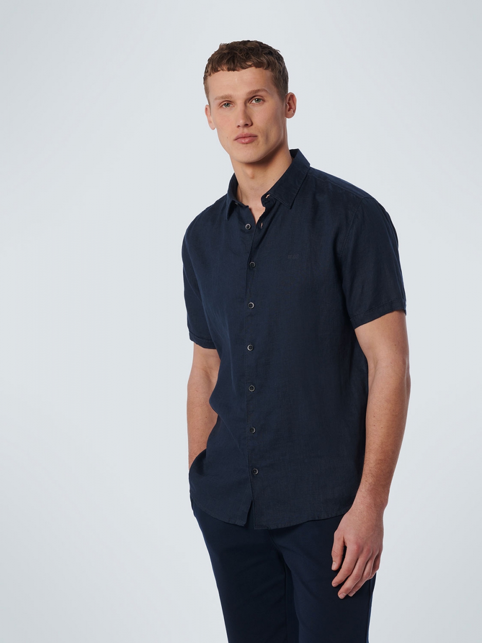 NO EXCESS Kurzarm Leinen Hemd in Marineblau