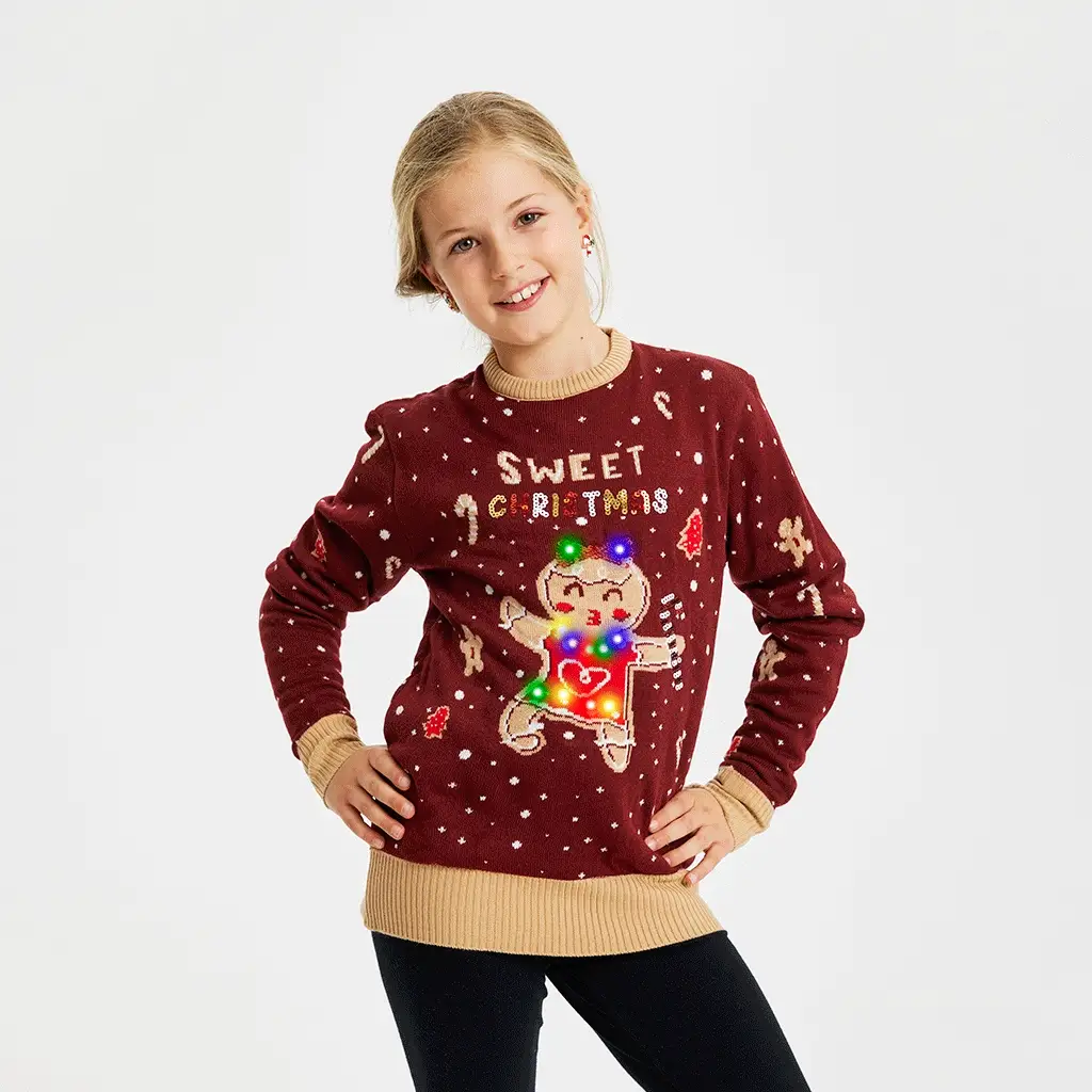 Christmas Sweaters LED Weihnachtspullover Mädchen mit leuchtender Lebkuchenfrau – Gingerbread Woman in Weinrot