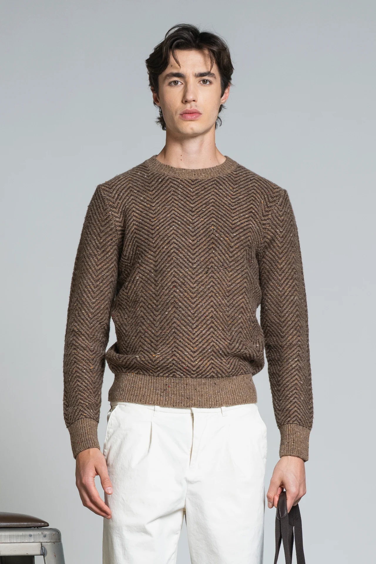 IMPURE Berger Rundhals Strick Pullover Lammswolle Braun Meliert mit Zick Zack IMPURE Berger Rundhals Strick Pullover Lammswolle Braun Meliert mit Zick Zack