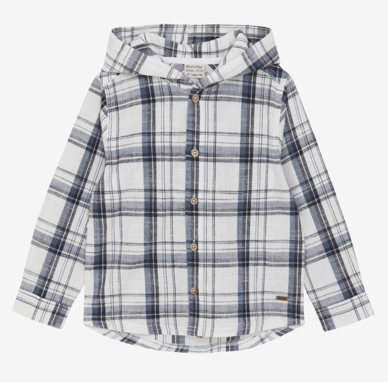 Minymo Langarm Hemd Shirt mit Kapuze - Blaues Karo