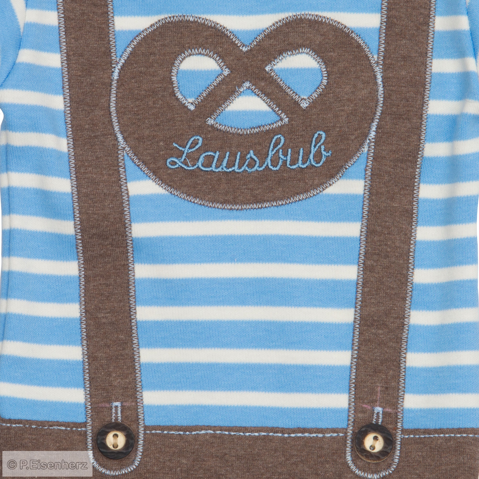 P.Eisenherz Body mit kurzem Arm "Lederhose" mit Breze hellblau/weiß