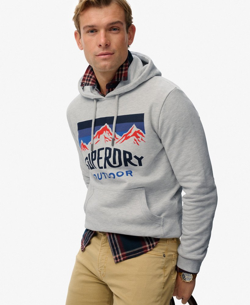 Superdry Herren Kapuzenpullover in Grau mit Bergen - Superdry Mountain Logo Superdry Herren Kapuzenpullover in Grau mit Bergen - Superdry Mountain Logo