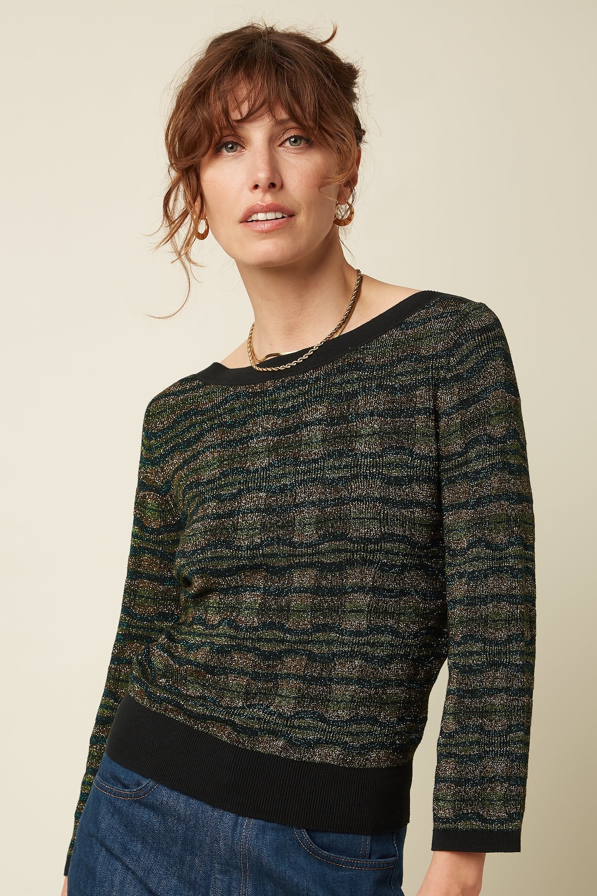 King Louie Audrey Trumpet Sleeve Apollo – Damen Stricktop mit Trompetenärmeln und geometrischem Muster