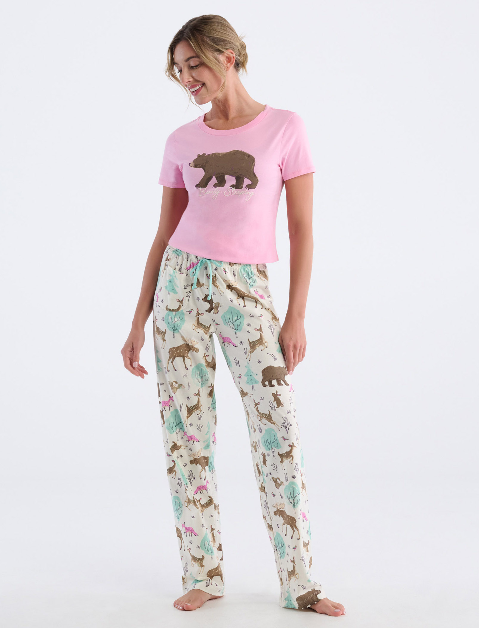 Little Blue House Damen Pyjama Hose in Creme - Forest Creatures - Waldtiere