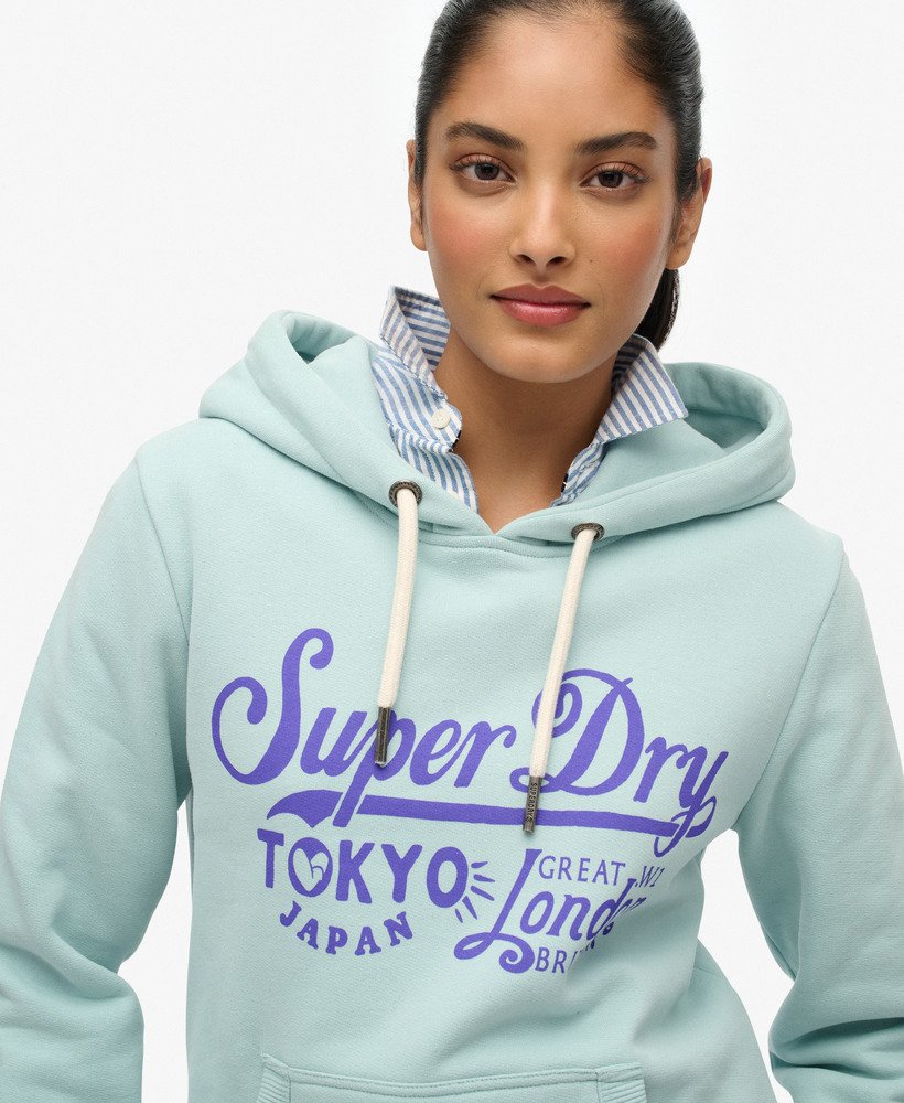 Superdry Damen Tokyo London Hoodie in Fresh Mint mit Lila Schrift 