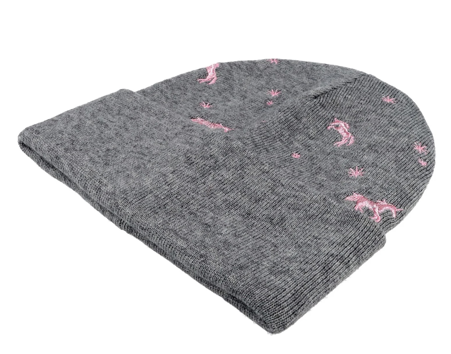 maximo Mädchen Beanie in Mittelgraumeliert mit Einhorn- und Sternenstickerei – Doppelt gestrickt