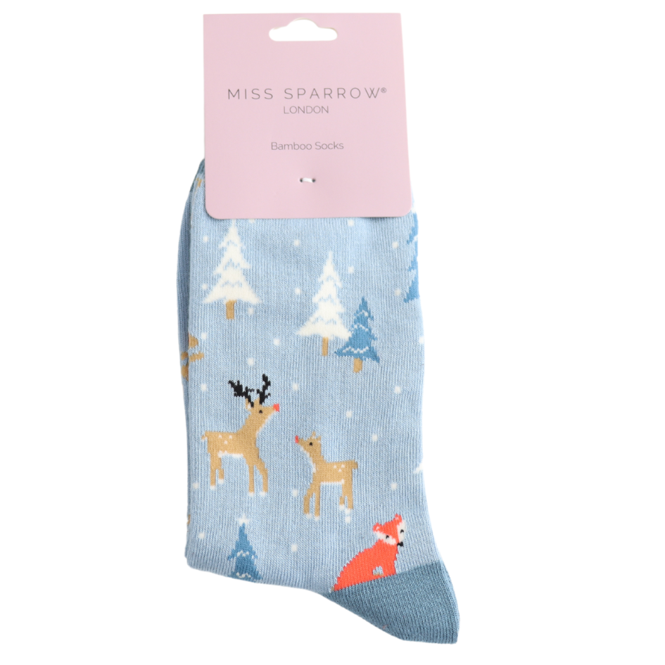 Miss Sparrow Socken Bamboo in Hellblau - Festive Foxes - Festliche Fuchse Miss Sparrow Socken Bamboo in Hellblau - Festive Foxes - Festliche Fuchse
