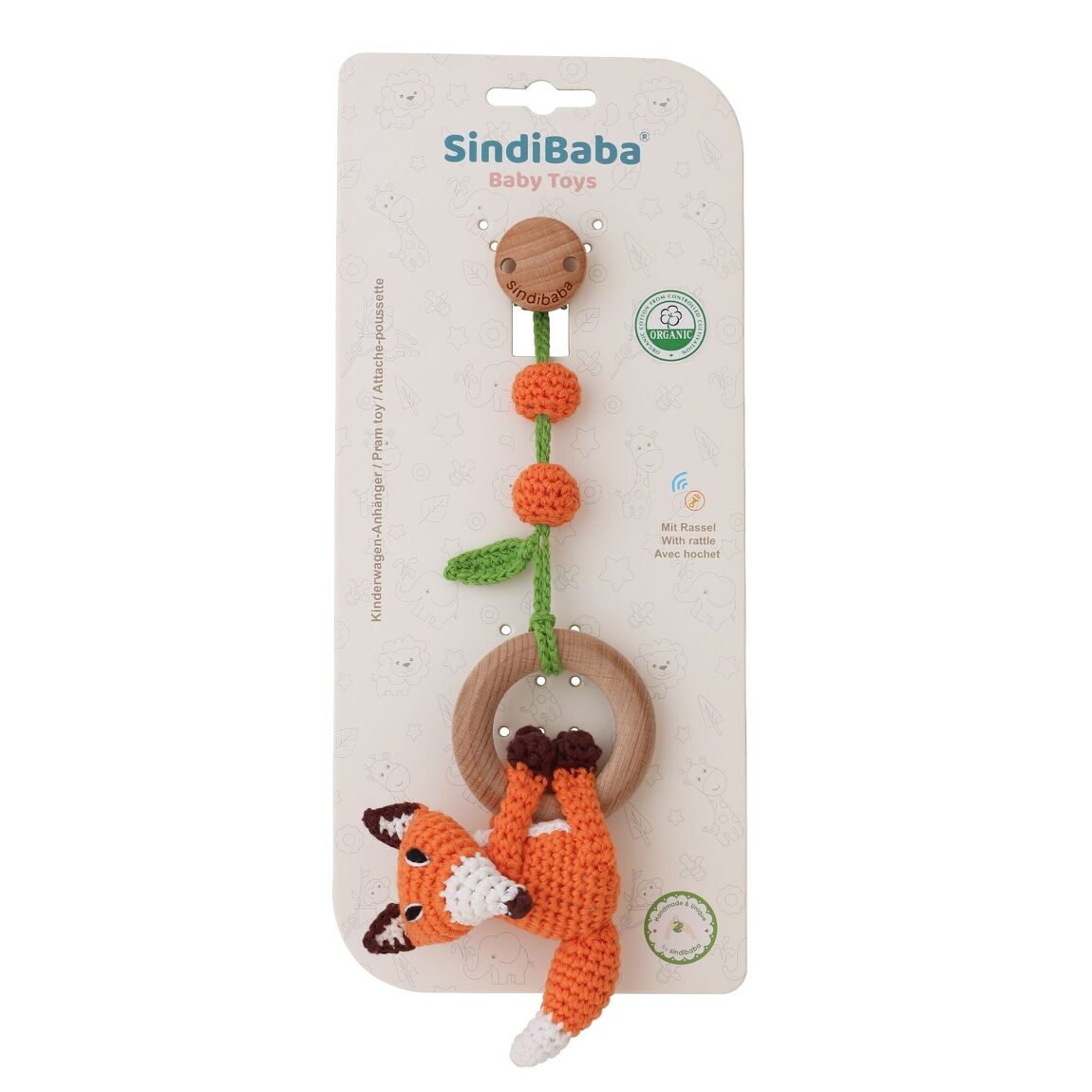 Sindibaba 3in1 Hängespielzeug Gehäkelt - Rasselring & Kinderwagenanhänger Fuchs Fred