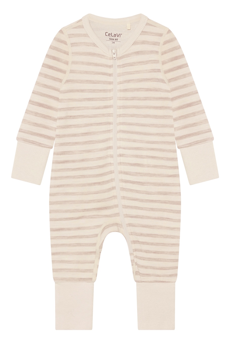 CeLaVi Strampler aus Merinowolle - Wolle Bambus Jumpsuit mit Reißverschluss - Mocha Merenge Gestreift
