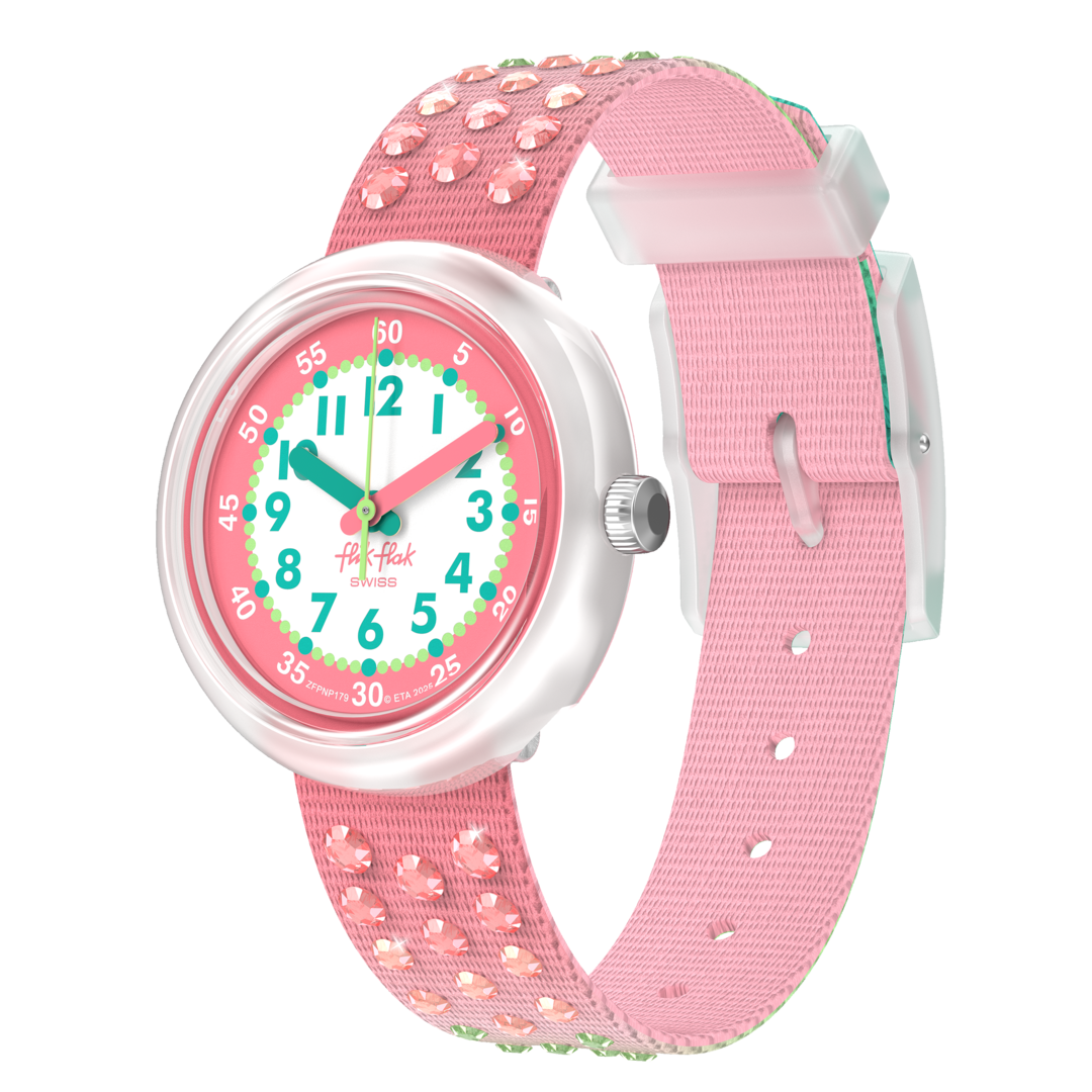 Flik Flak Kinderuhr mit Farbverlauf von Grün bis Coral mit Strasssteine - Sparkly Melon