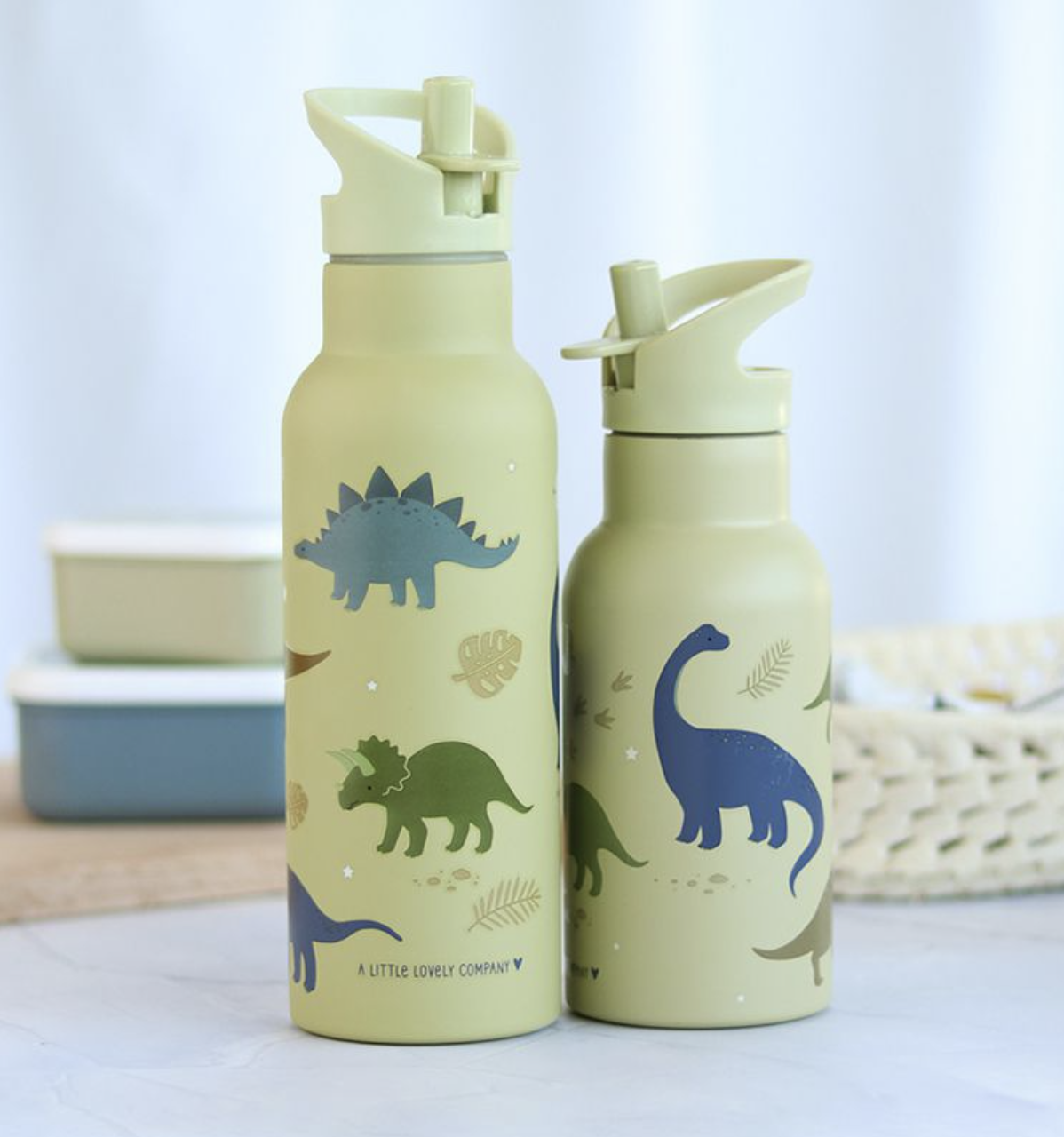 A Lovely Little Company Thermos Edelstahl Trinkflasche Groß mit Strohhalm - 500ml Dinosaurier