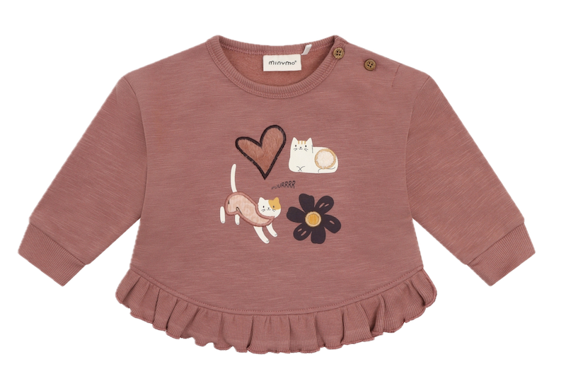 Minymo Sweatshirt in Burlwood Rosa - Katzen & Blumen Applikationen Minymo Sweatshirt in Burlwood Rosa - Katzen & Blumen Applikationen
