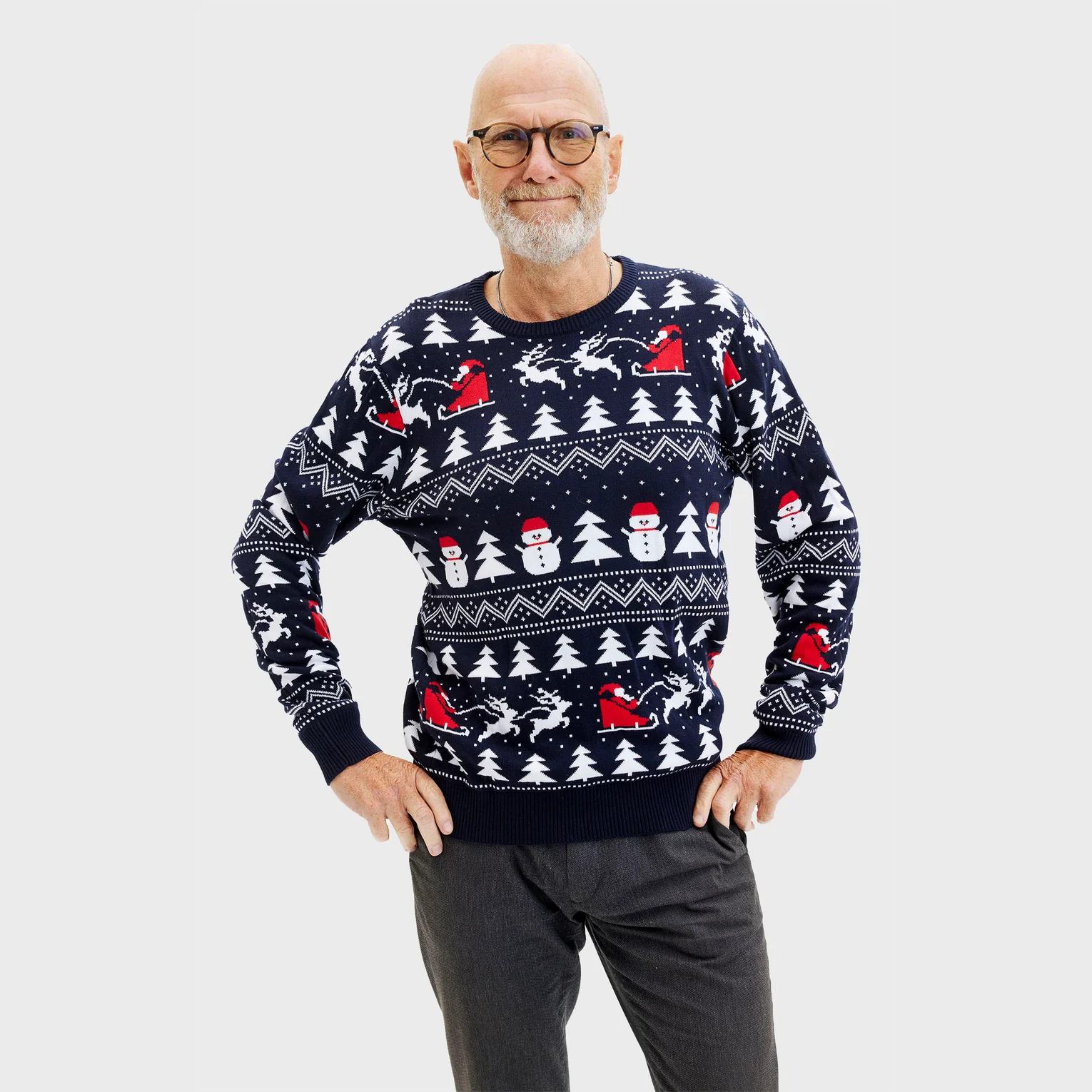 Christmas Sweater mit Schneemann & Santa Weihnachtspullover in Marineblau - Bio Baumwolle 