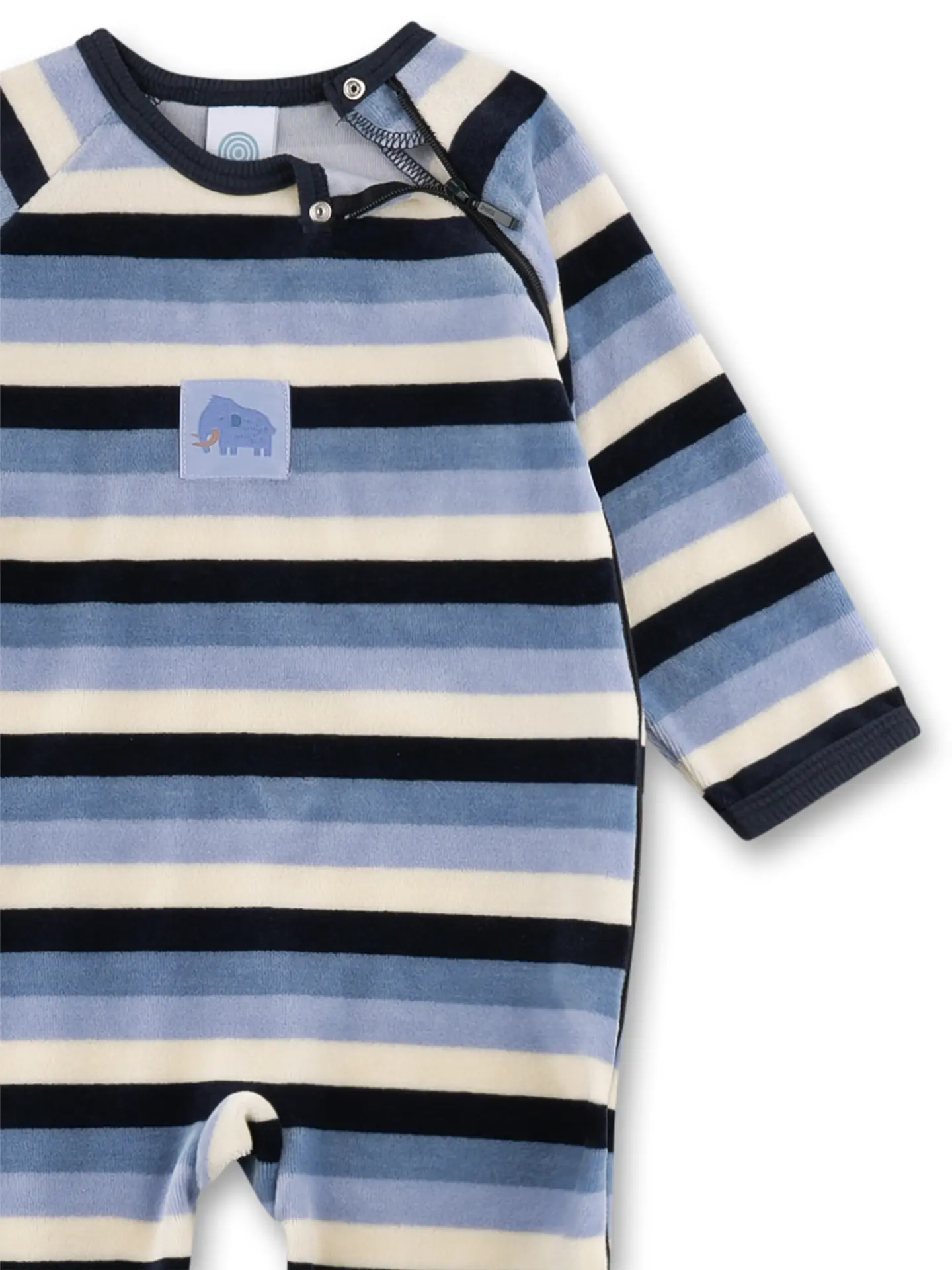 Sanetta Baby-Strampler blau geringelt Mammut aus Nicki Sanetta Baby-Strampler blau geringelt Mammut aus Nicki
