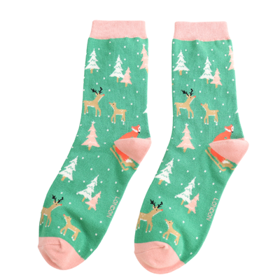 Miss Sparrow Socken Bamboo in Grün & Rosa - Festive Foxes - Festliche Fuchse 