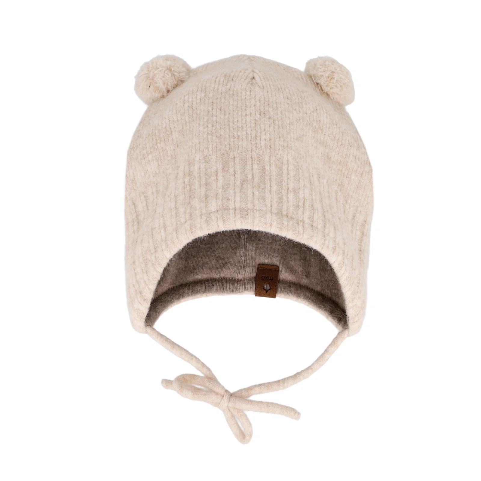 Maximo Baby Wintermütze Strickmüte Inkamütze mit 2 Bommel, Bindeband & Jerseyfutter Creme Beige Meliert