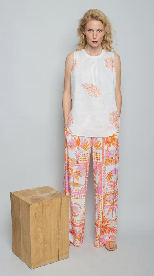 Emily van den Bergh Leinen Bluse Ärmellos mit Palmenblatt Stickereien