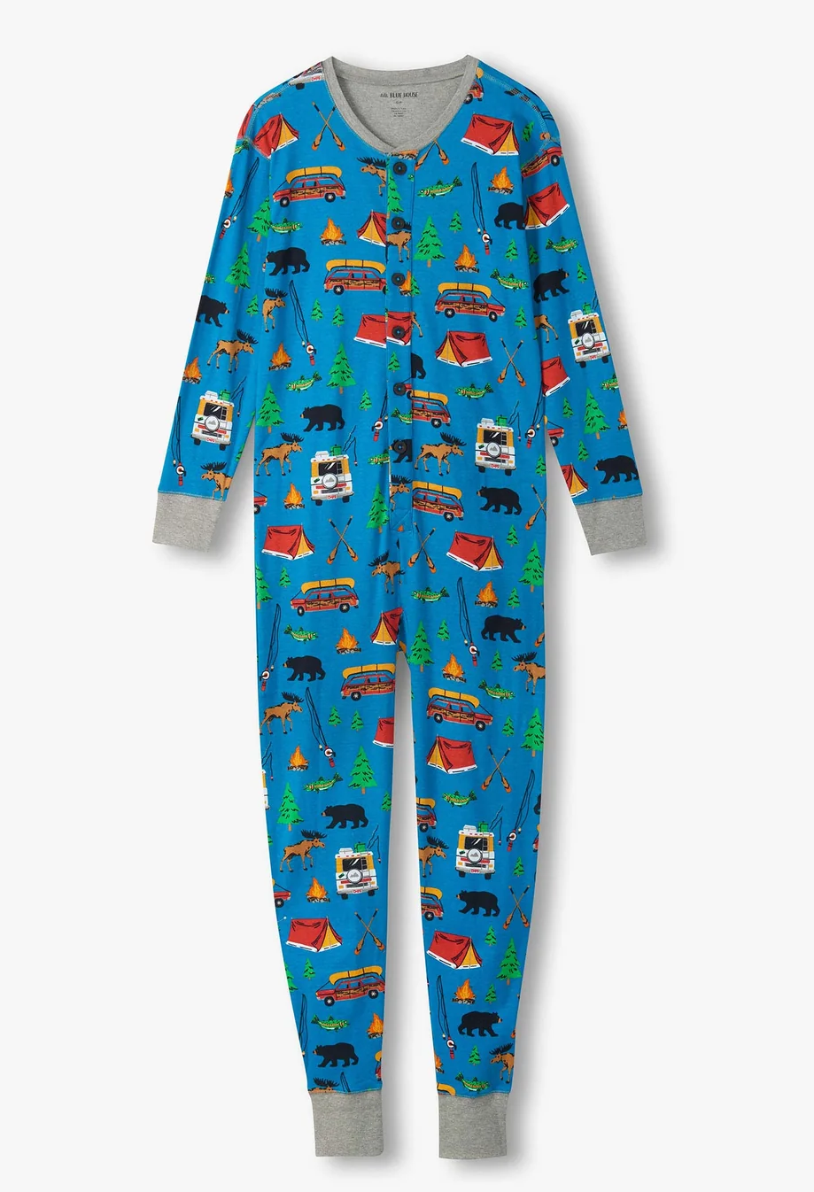 Little Blue House Adult Union Suit - Erwachsener Einteiler in Blau - Retro Camping