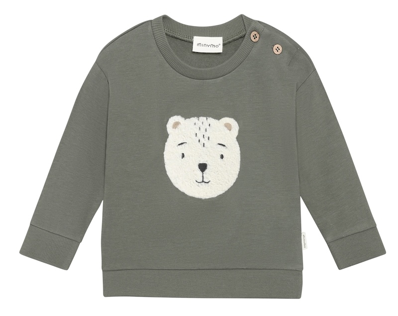 Minymo Sweatshirt in Beetle Grün mit Bär Teddy Applikation Minymo Sweatshirt in Beetle Grün mit Bär Teddy Applikation
