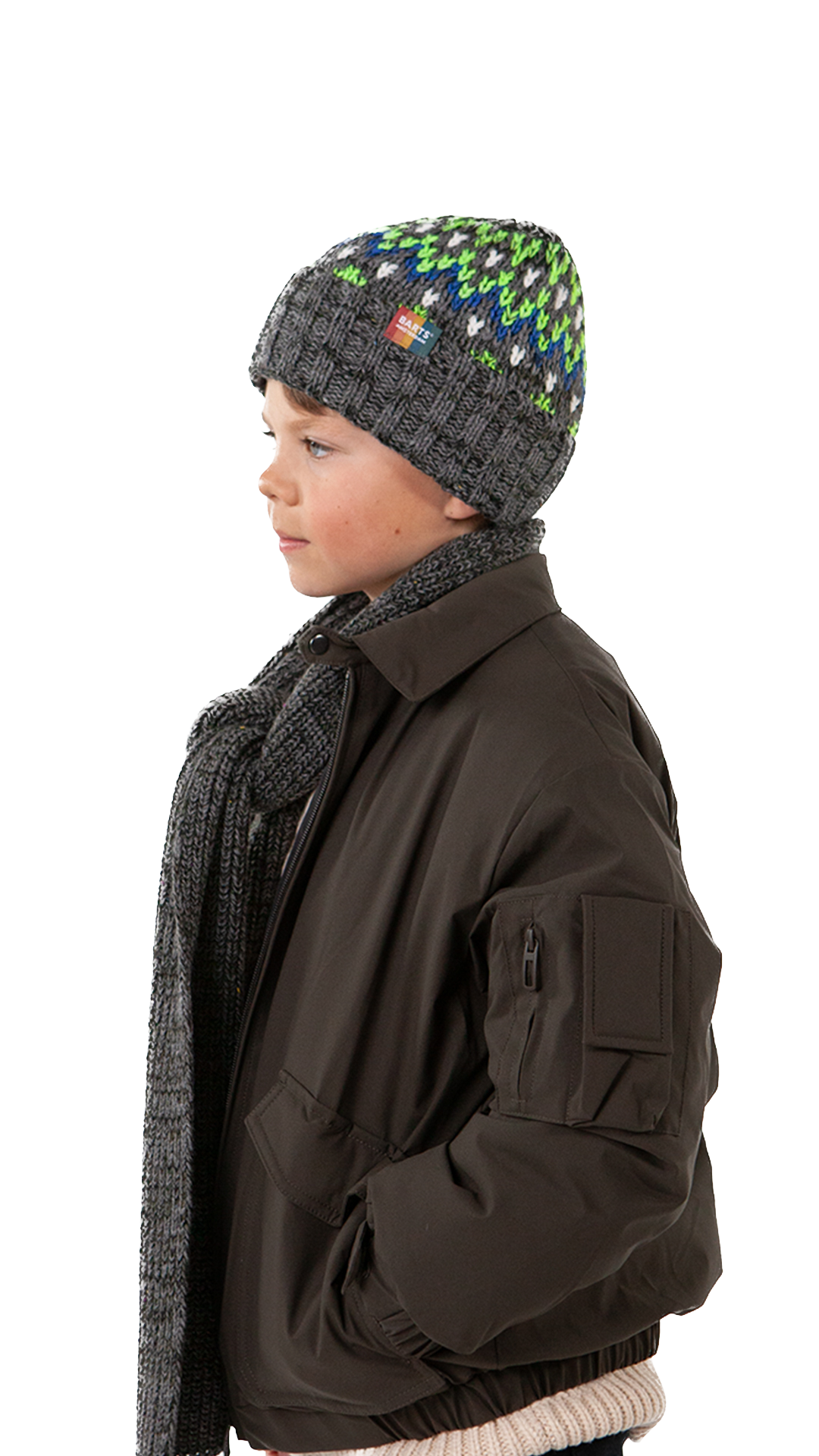 Barts Kids Perido Beanie mit Umschlag - skandinavischem Muster - Charcoal/Grau,Neon Grün
