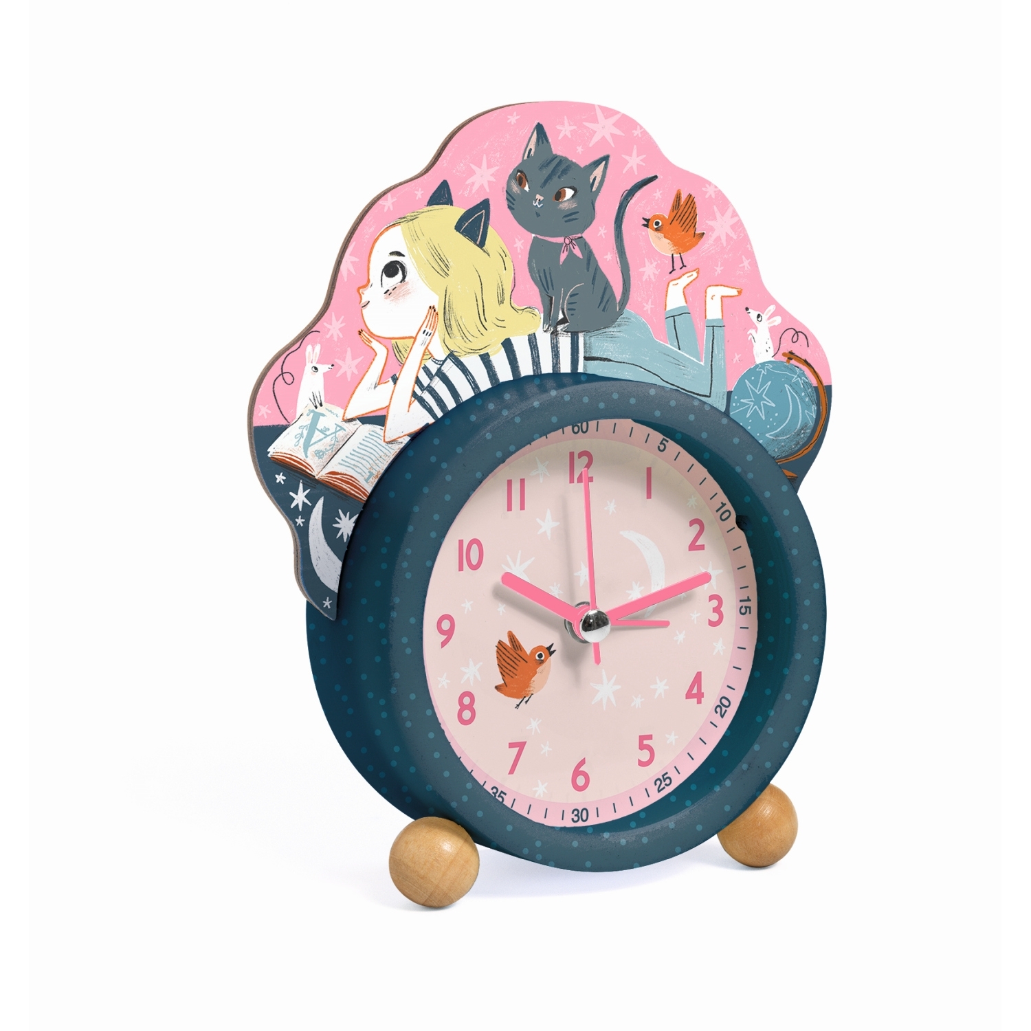 DD00400-Wecker-Kleine-Katze-1 Djeco Kinder Wecker Uhr - Mädchen mit Katze & Vogel