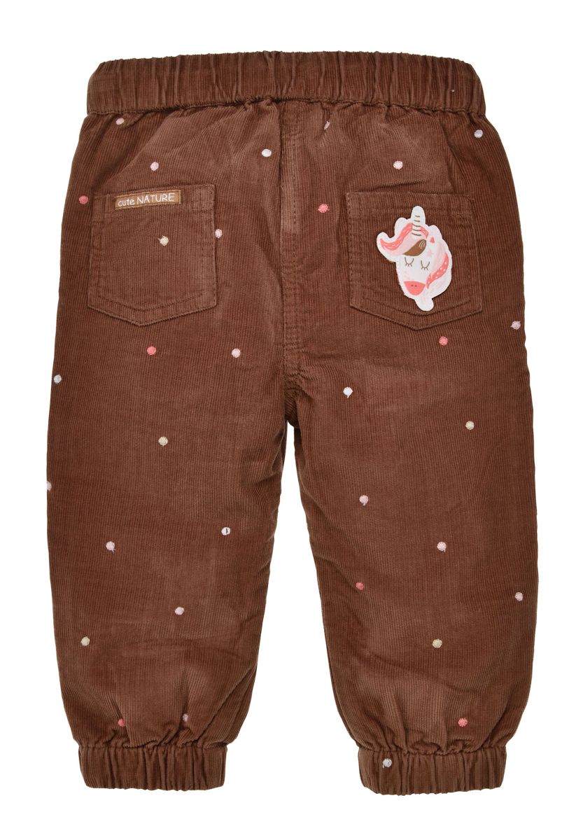 Bondi Cordhose in Schoko Brarun mit Rosa Punkte Gestickt und Einhorn Hinten Bondi Cordhose in Schoko Brarun mit Rosa Punkte Gestickt und Einhorn Hinten