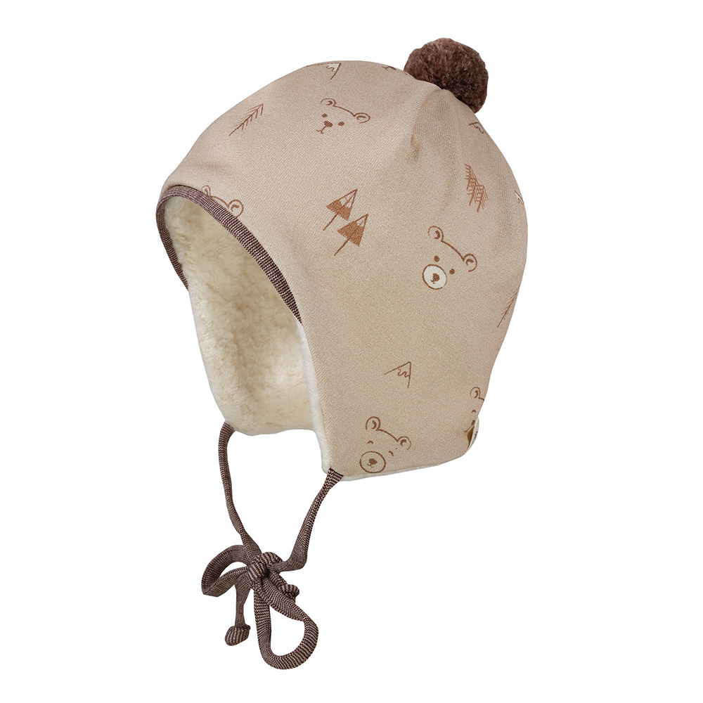 10_355001264000062 Maximo Baby Bommelmütze mit Bändchen und Fleece Futter - Braun