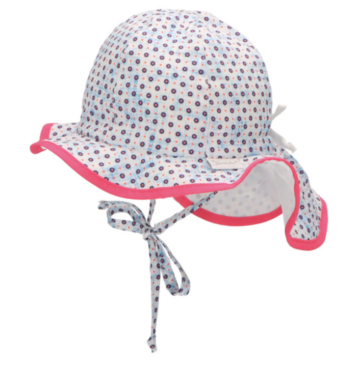 Sterntaler Sonnenmütze mit Nackenschutz - Weiß mit Pink & Blaue Blumen